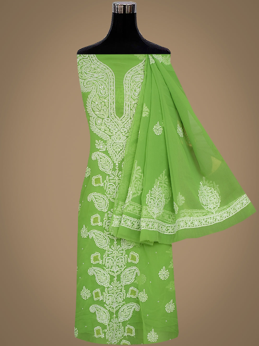 Ada Hand Embroidered Green Faux Georgette Lucknowi Chikankari Unstitched Suit Piece With Cutdana & Sequinned Work 01A707890