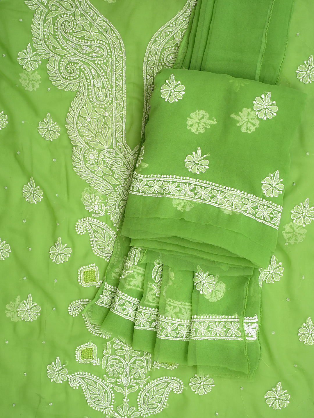 Ada Hand Embroidered Green Faux Georgette Lucknowi Chikankari Unstitched Suit Piece With Cutdana & Sequinned Work 01A707890
