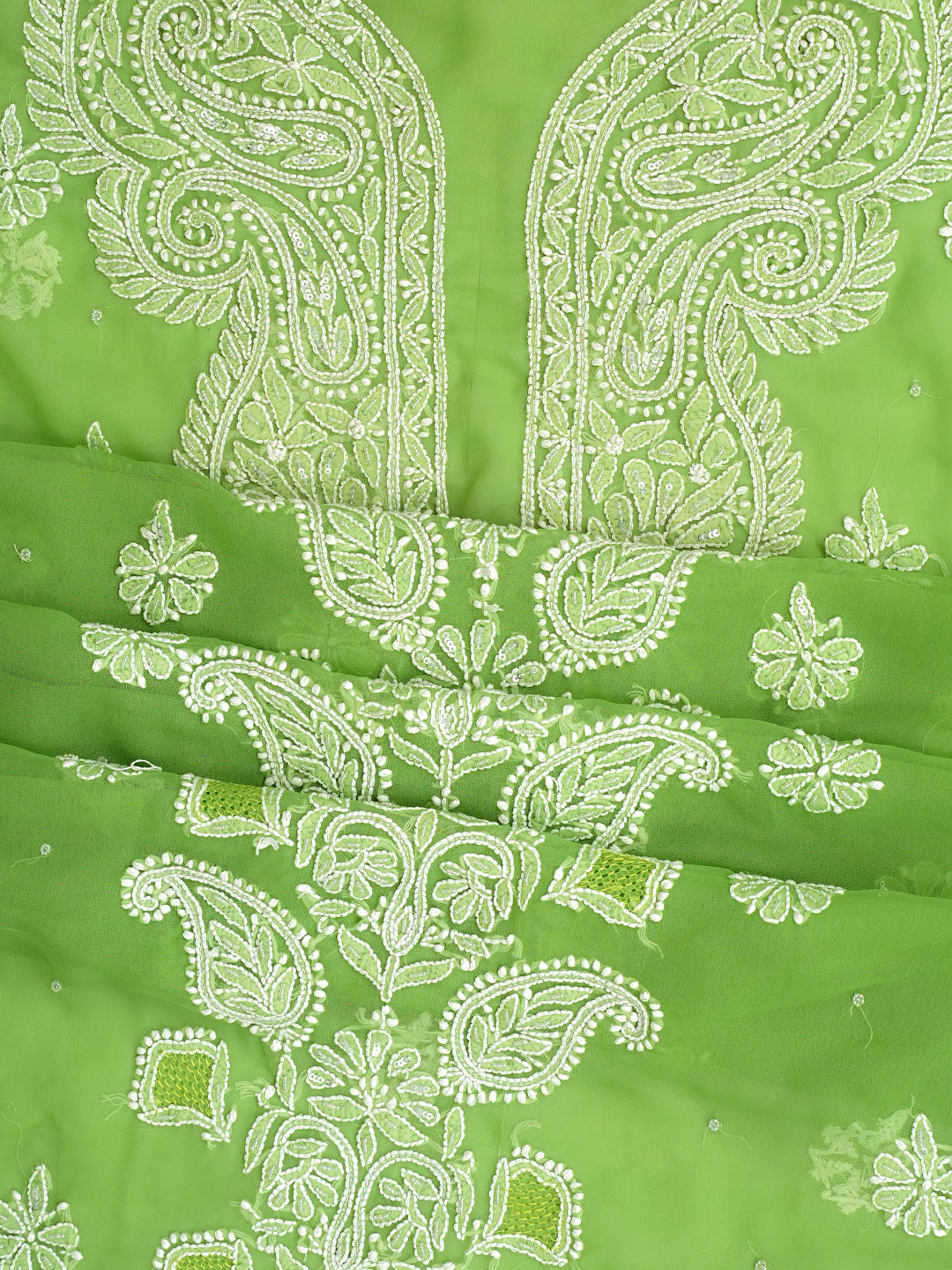 Ada Hand Embroidered Green Faux Georgette Lucknowi Chikankari Unstitched Suit Piece With Cutdana & Sequinned Work 01A707890