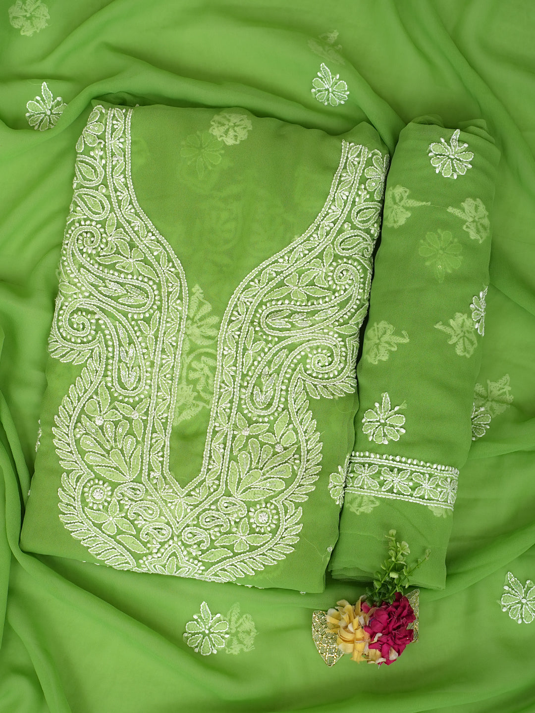 Ada Hand Embroidered Green Faux Georgette Lucknowi Chikankari Unstitched Suit Piece With Cutdana & Sequinned Work 01A707890