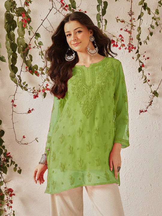 Ada Hand Embroidered Green Georgette Lucknowi Chikankari Short Kurti With Slip A911607_1