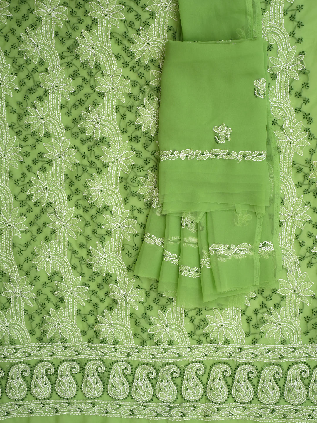Ada Hand Embroidered Green Georgette Lucknowi Chikankari Unstitched Suit Piece_5