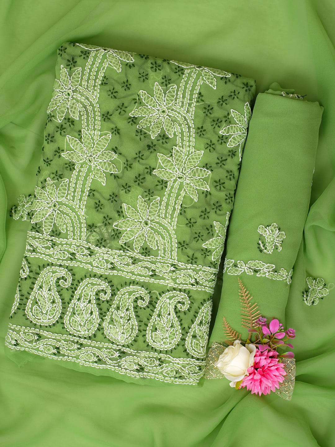 Ada Hand Embroidered Green Georgette Lucknowi Chikankari Unstitched Suit Piece_1