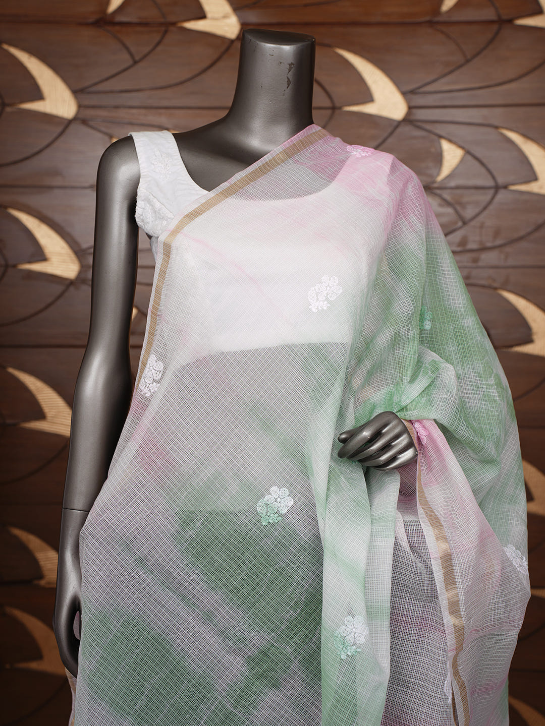 Ada Hand Embroidered Green Kota Chanderi Lucknowi Chikankari Dupatta 01A1010647_2