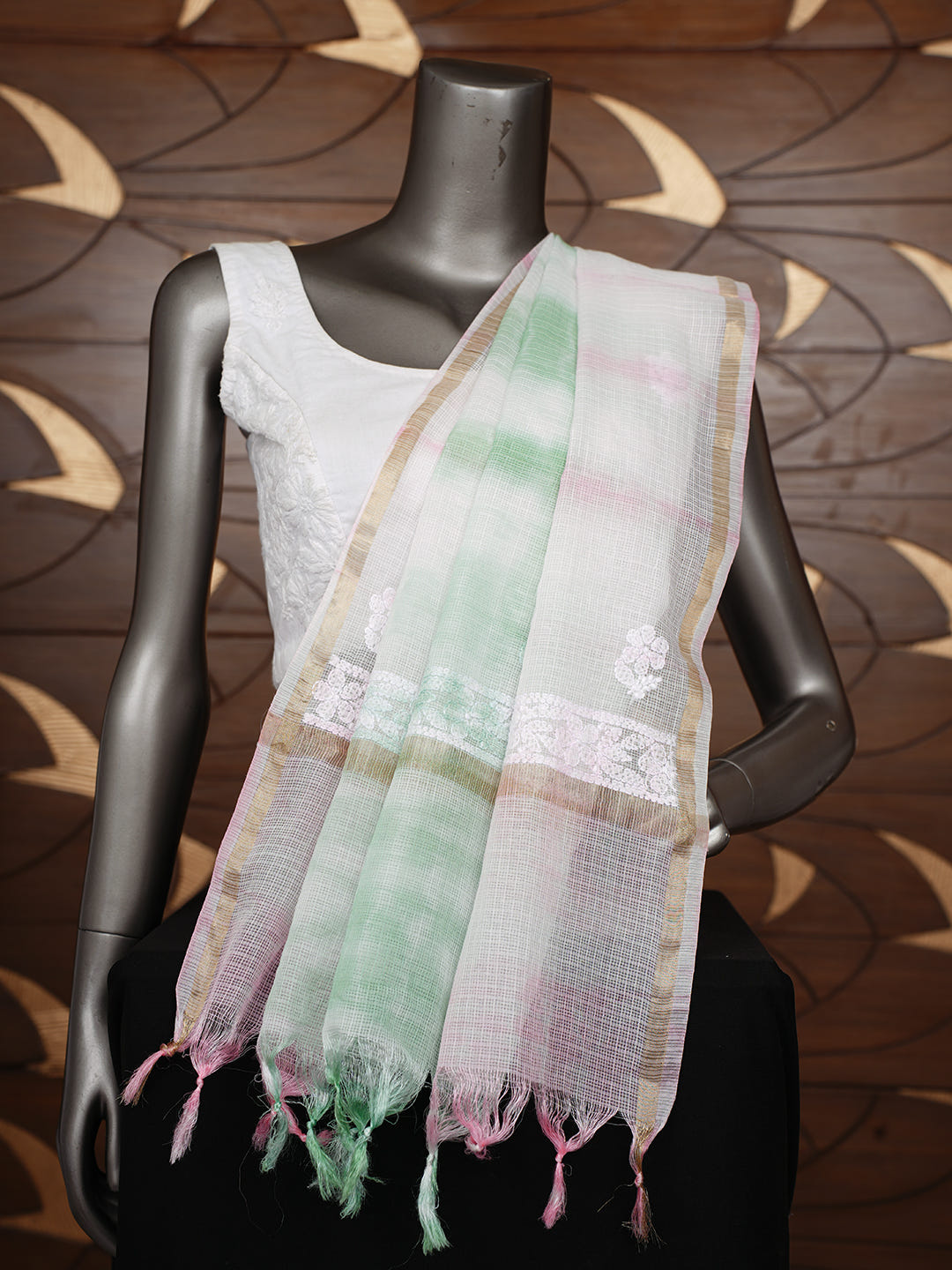 Ada Hand Embroidered Green Kota Chanderi Lucknowi Chikankari Dupatta 01A1010647_1