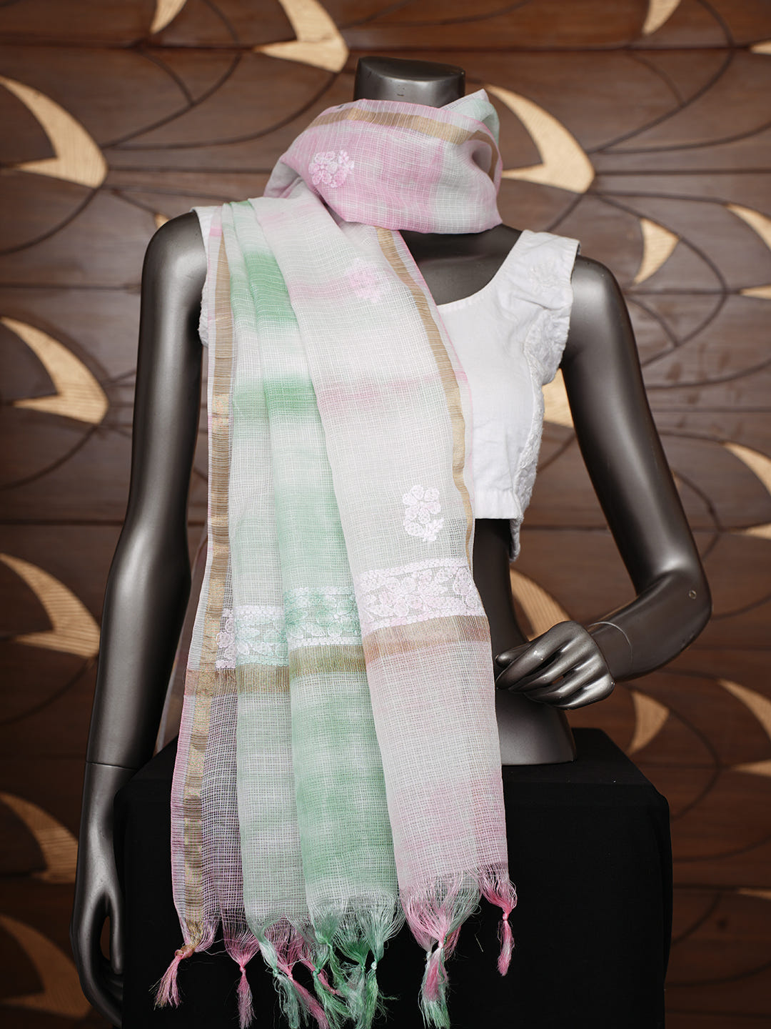Ada Hand Embroidered Green Kota Chanderi Lucknowi Chikankari Dupatta 01A1010647_3