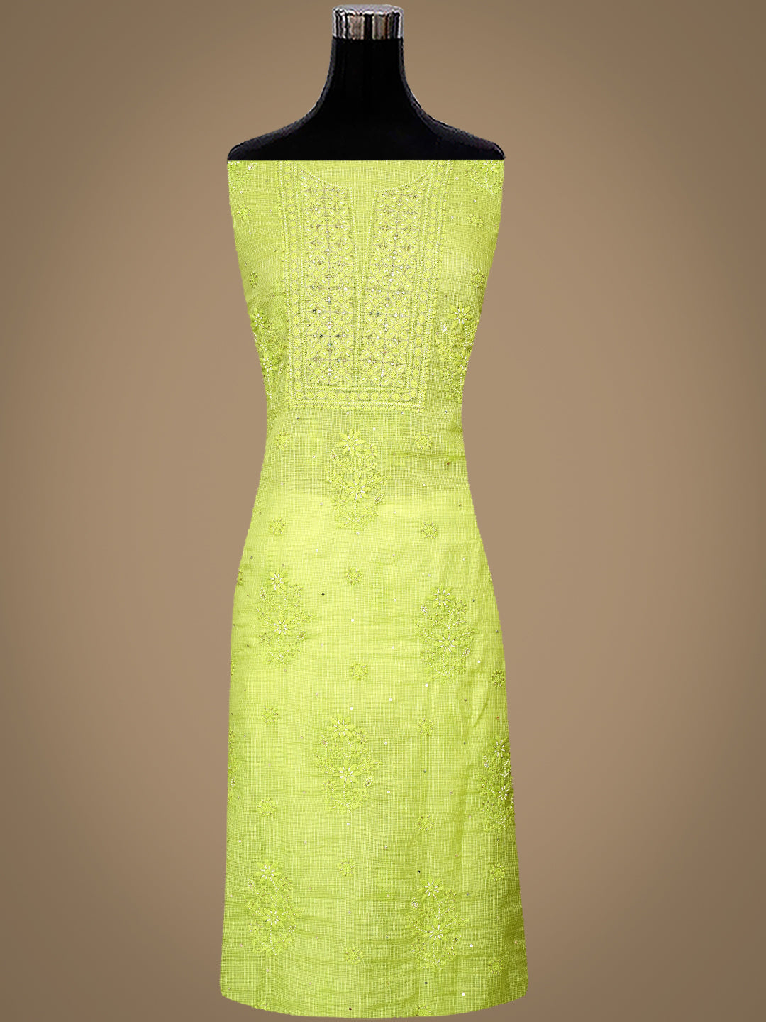 Ada Hand Embroidered Green Kota Chanderi Lucknowi Chikankari Unstitched Kurta Dupatta Set with Cutdana Work 01A922012