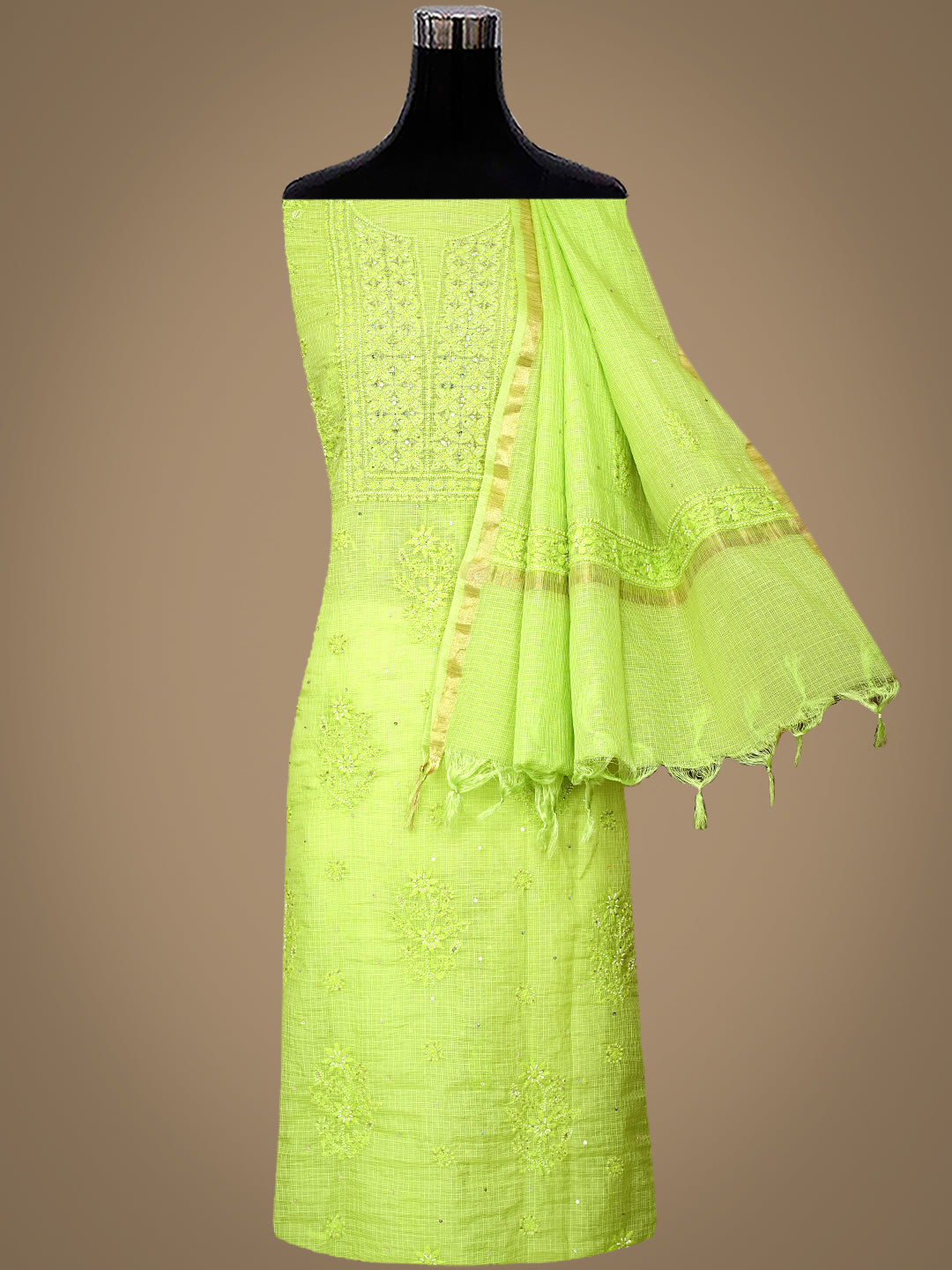 Ada Hand Embroidered Green Kota Chanderi Lucknowi Chikankari Unstitched Kurta Dupatta Set with Cutdana Work 01A922012