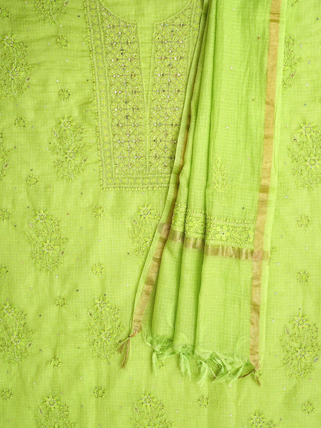 Ada Hand Embroidered Green Kota Chanderi Lucknowi Chikankari Unstitched Kurta Dupatta Set with Cutdana Work 01A922012