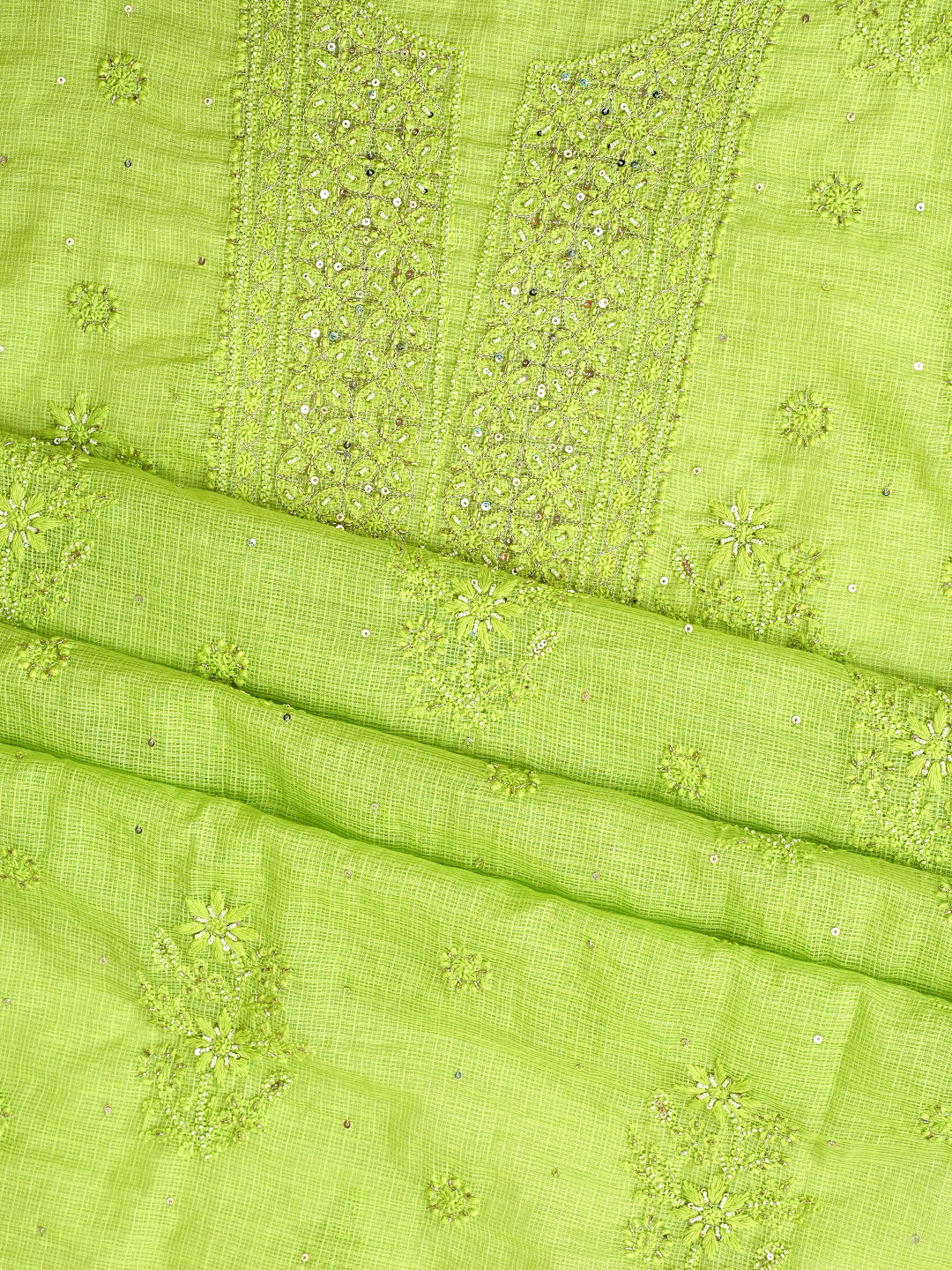 Ada Hand Embroidered Green Kota Chanderi Lucknowi Chikankari Unstitched Kurta Dupatta Set with Cutdana Work 01A922012