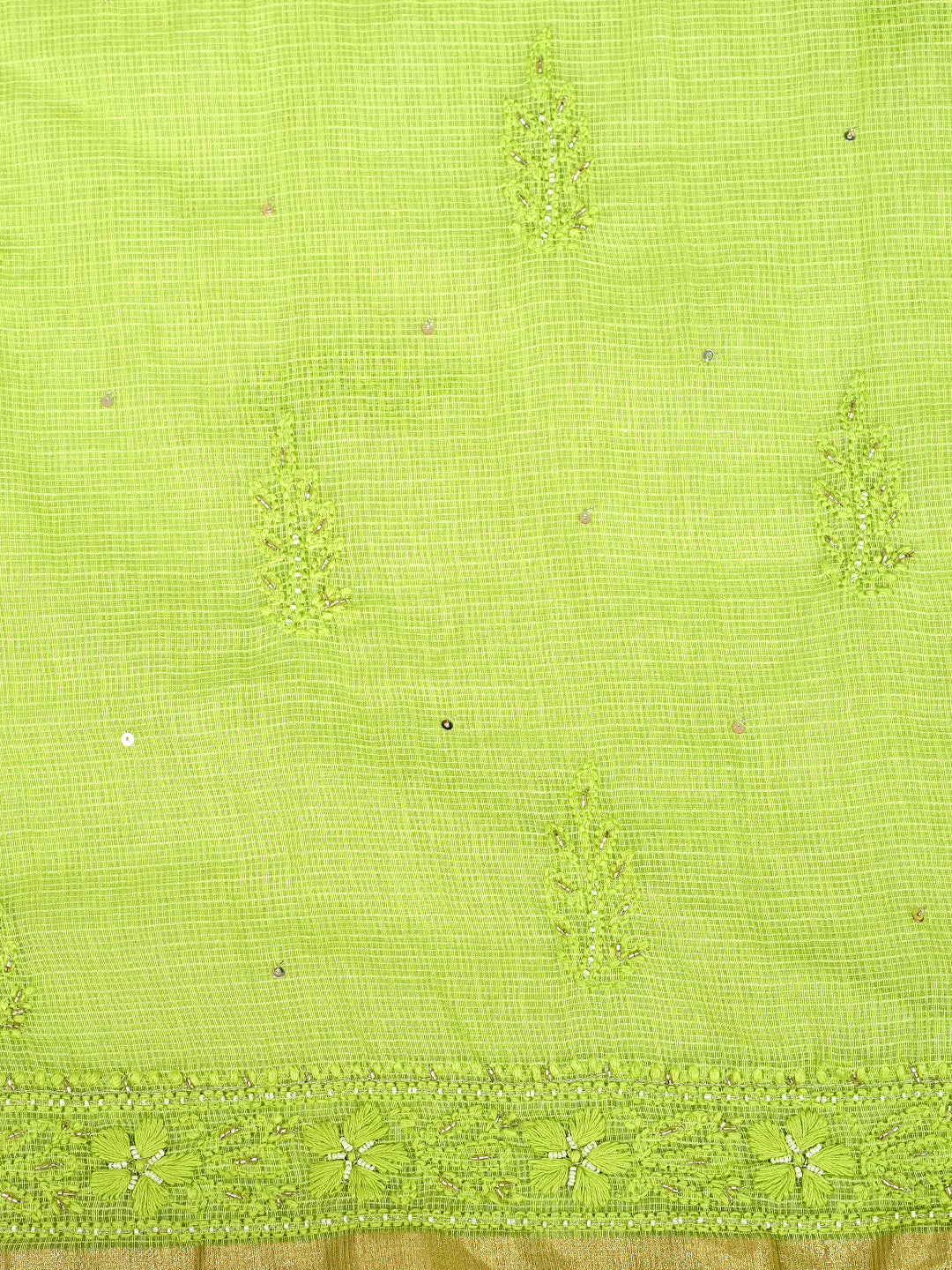 Ada Hand Embroidered Green Kota Chanderi Lucknowi Chikankari Unstitched Kurta Dupatta Set with Cutdana Work 01A922012