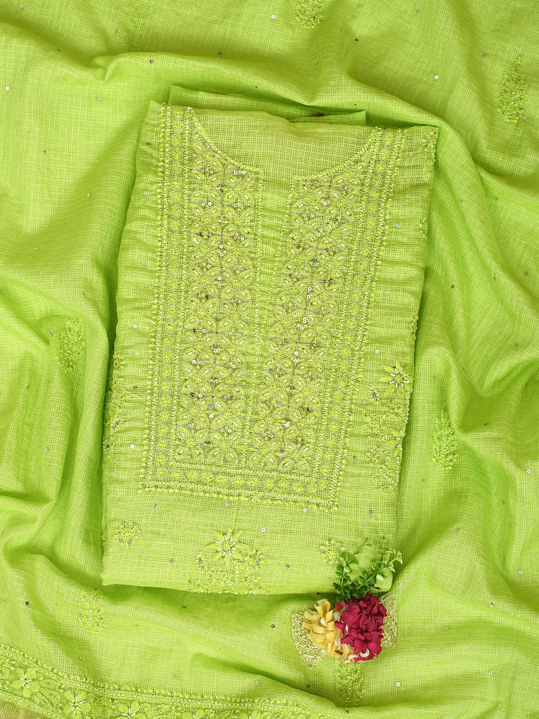 Ada Hand Embroidered Green Kota Chanderi Lucknowi Chikankari Unstitched Kurta Dupatta Set with Cutdana Work 01A922012