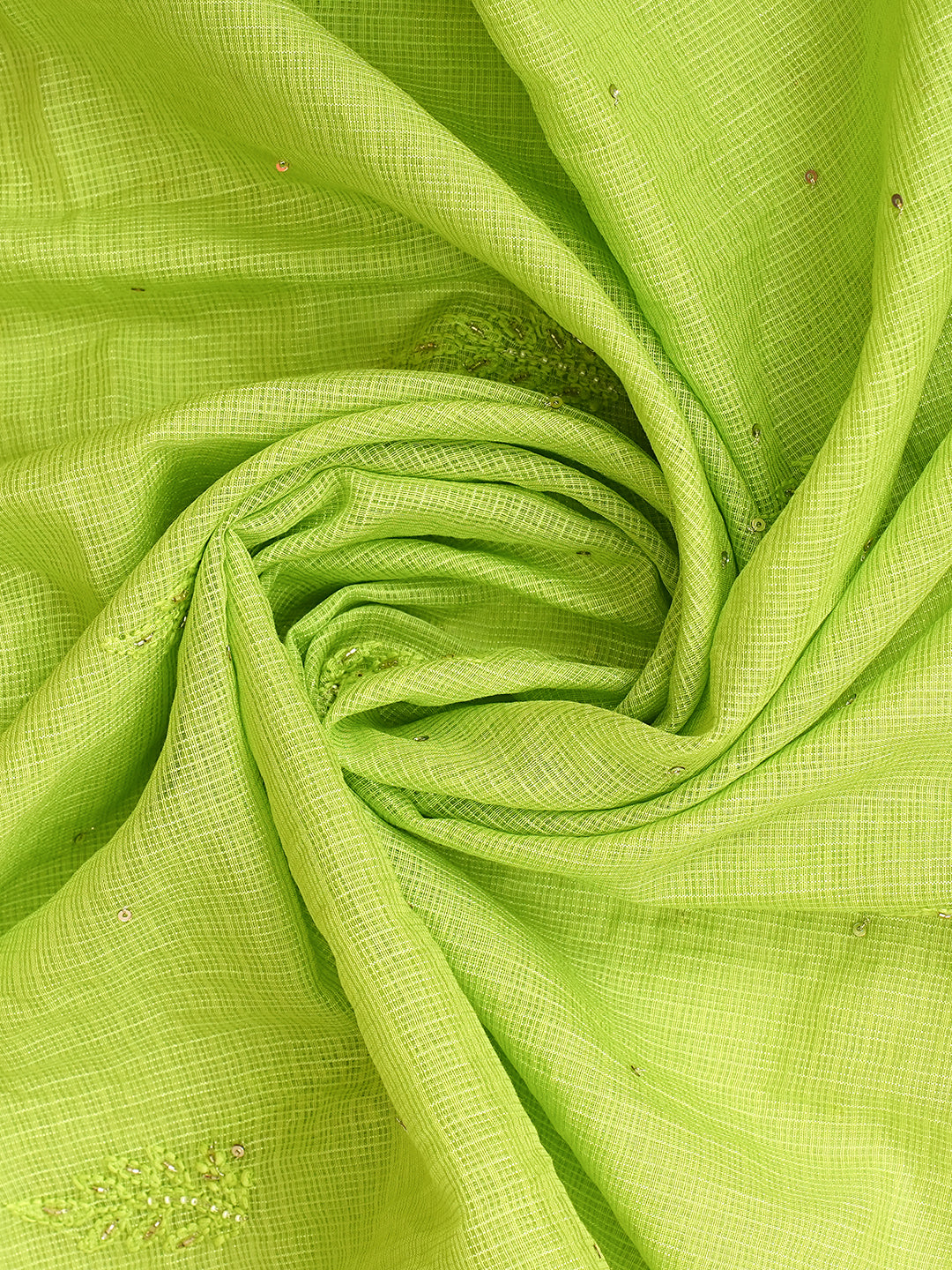 Ada Hand Embroidered Green Kota Chanderi Lucknowi Chikankari Unstitched Kurta Dupatta Set with Cutdana Work 01A922012