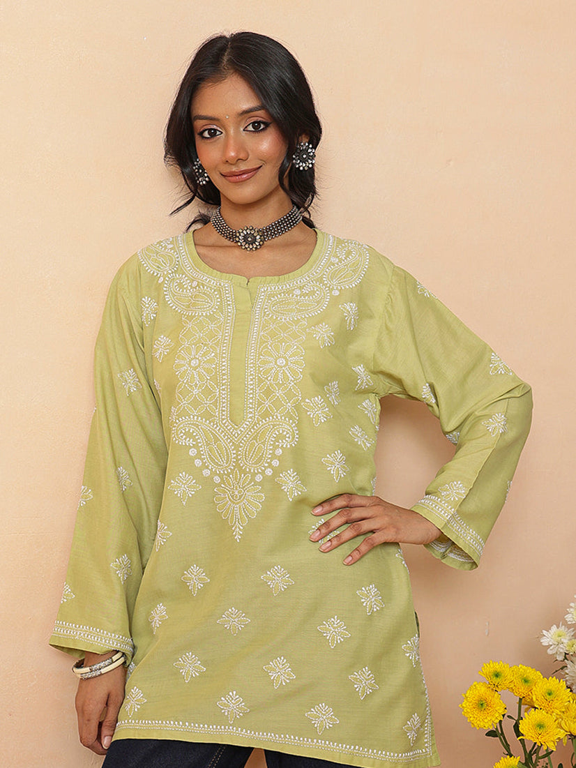 Ada Hand Embroidered Green Muslin Lucknowi Chikankari Short Kurti A911575_1