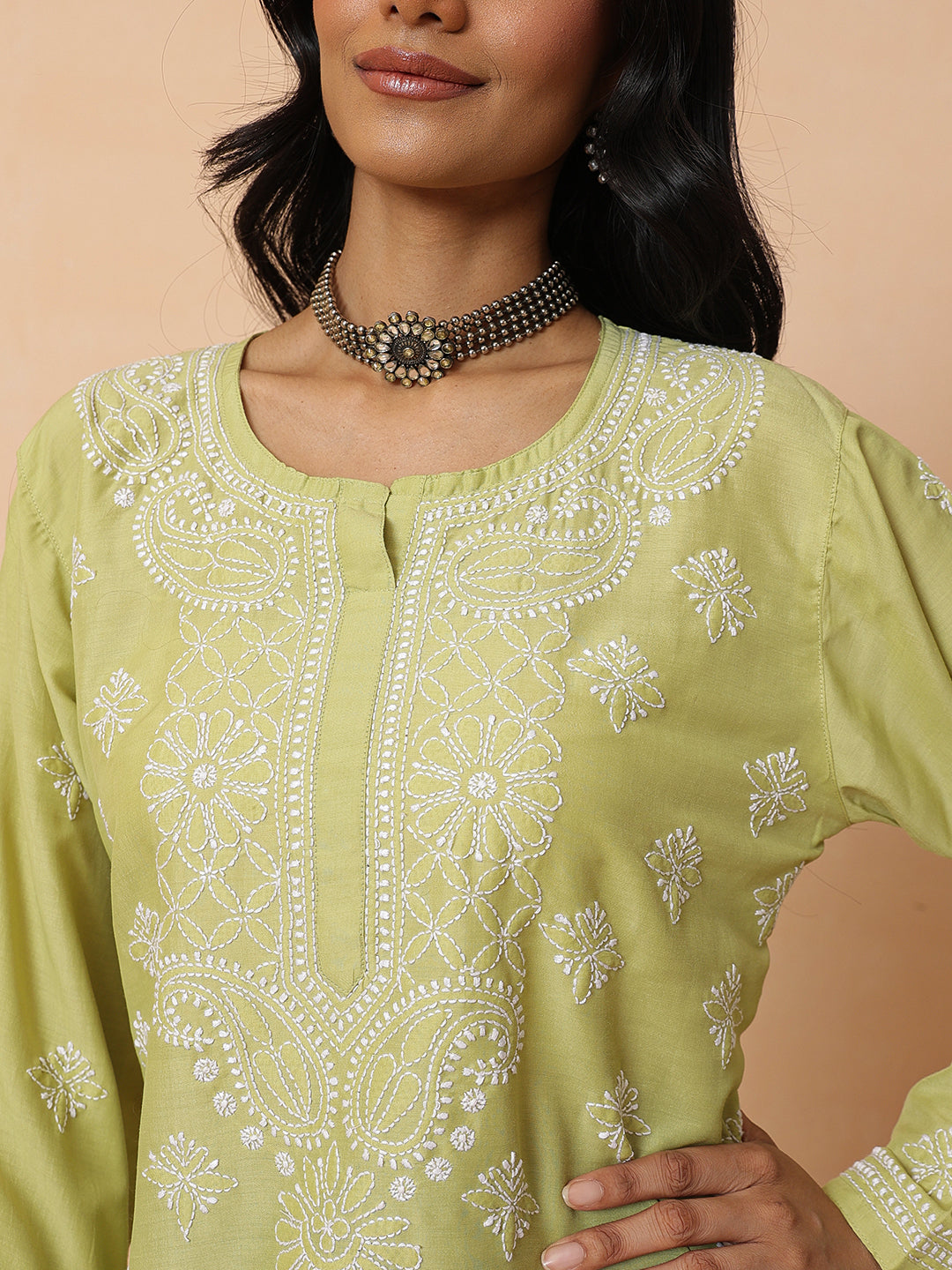 Ada Hand Embroidered Green Muslin Lucknowi Chikankari Short Kurti A911575_7