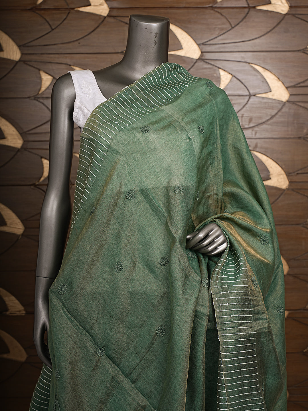 Ada Hand Embroidered Green Silk Lucknowi Chikankari Dupatta With Sequinned Work 01A676438