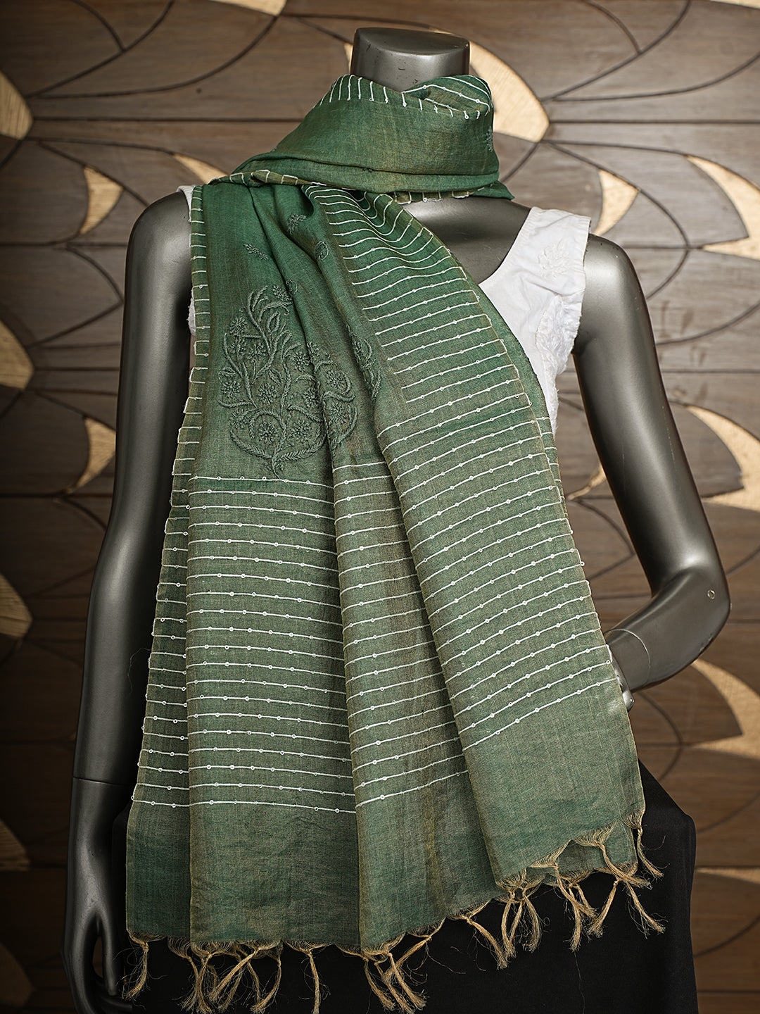 Ada Hand Embroidered Green Silk Lucknowi Chikankari Dupatta With Sequinned Work 01A676438