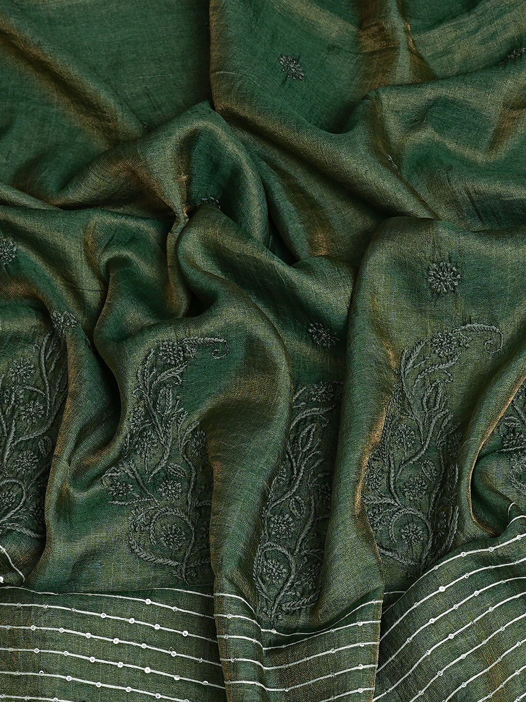 Ada Hand Embroidered Green Silk Lucknowi Chikankari Dupatta With Sequinned Work 01A676438