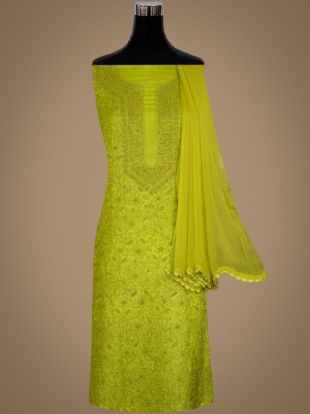 Ada Hand Embroidered Green Silk Lucknowi Chikankari Unstitched Suit Piece With Chiffon Dupatta_3