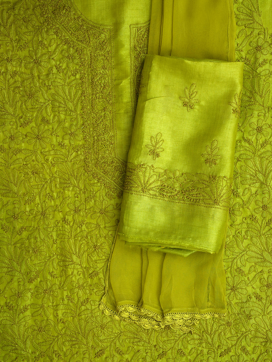 Ada Hand Embroidered Green Silk Lucknowi Chikankari Unstitched Suit Piece With Chiffon Dupatta_5
