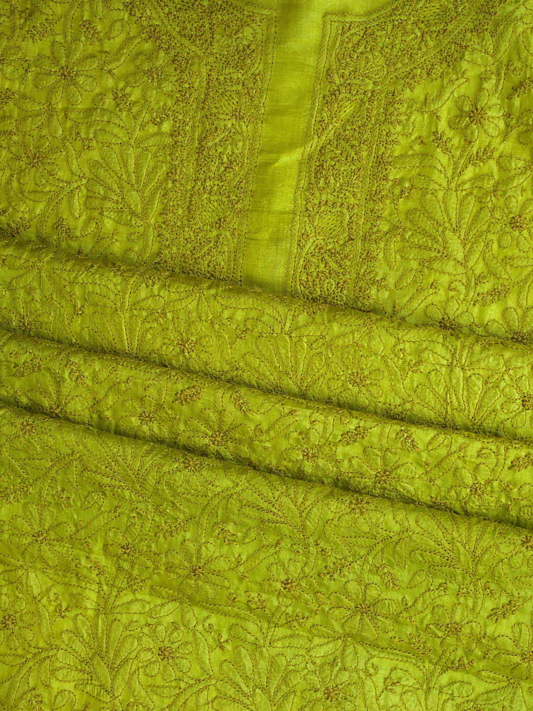 Ada Hand Embroidered Green Silk Lucknowi Chikankari Unstitched Suit Piece With Chiffon Dupatta_6
