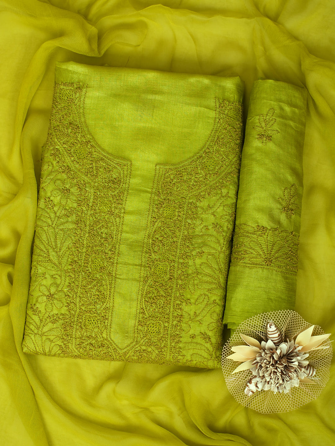 Ada Hand Embroidered Green Silk Lucknowi Chikankari Unstitched Suit Piece With Chiffon Dupatta_1