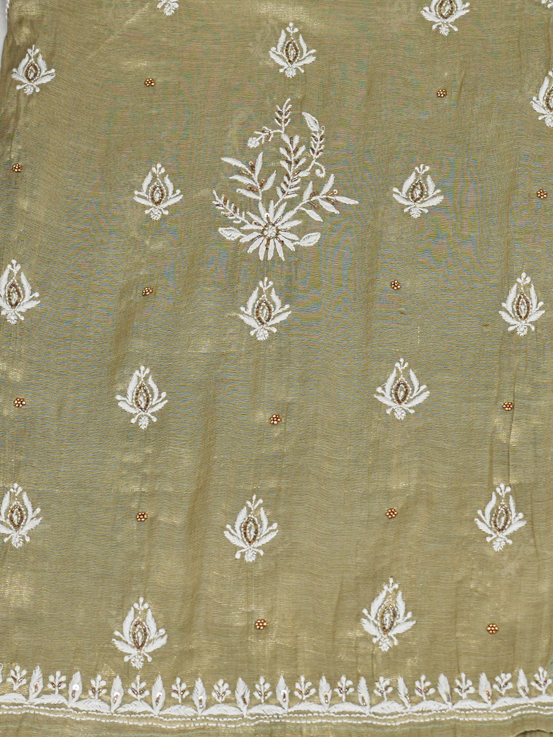 Ada Hand Embroidered Green Tissue Lucknowi Chikankari Semi Unstitched Kurta Dupatta Set With Zari Work 01A979734