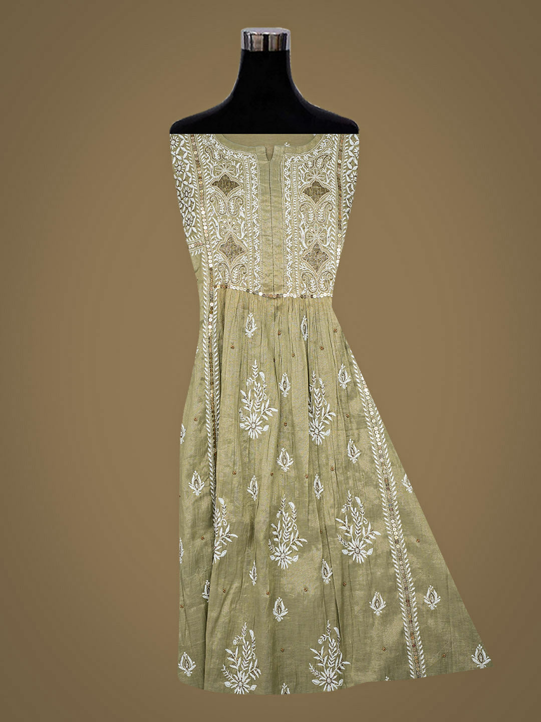 Ada Hand Embroidered Green Tissue Lucknowi Chikankari Semi Unstitched Kurta Dupatta Set With Zari Work 01A979734