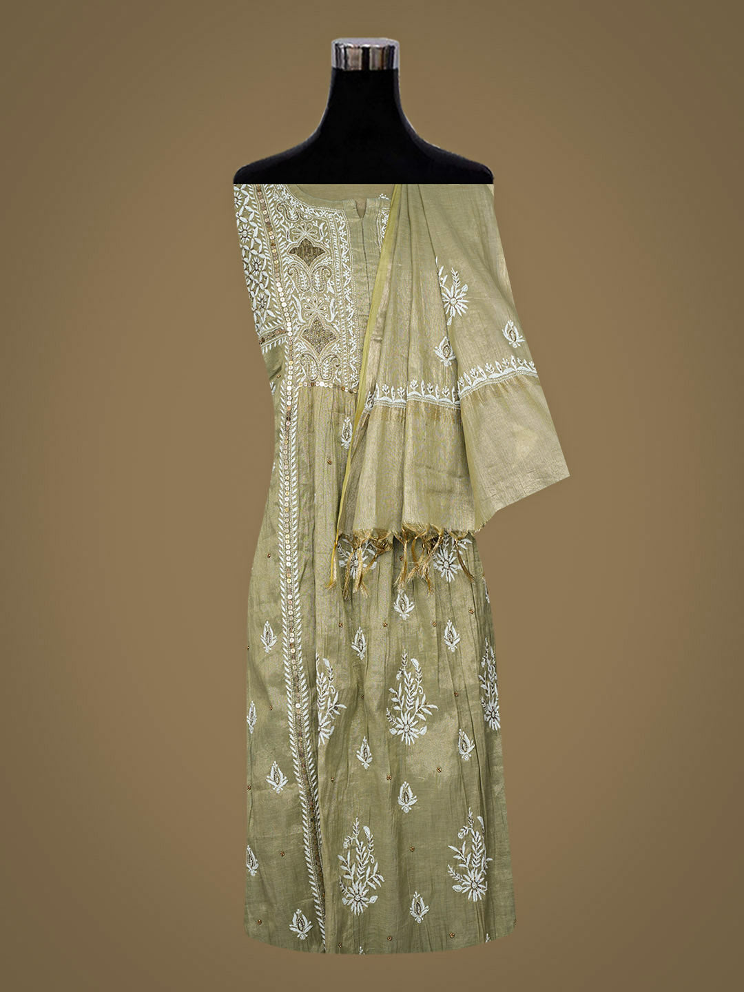 Ada Hand Embroidered Green Tissue Lucknowi Chikankari Semi Unstitched Kurta Dupatta Set With Zari Work 01A979734