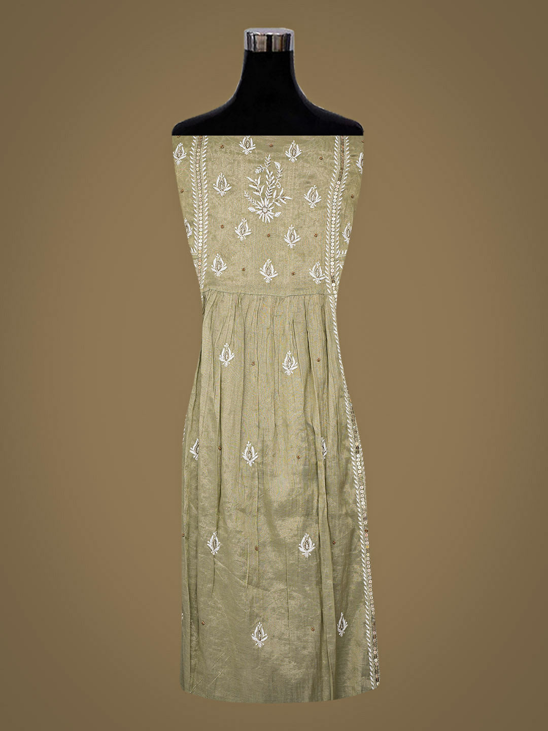 Ada Hand Embroidered Green Tissue Lucknowi Chikankari Semi Unstitched Kurta Dupatta Set With Zari Work 01A979734
