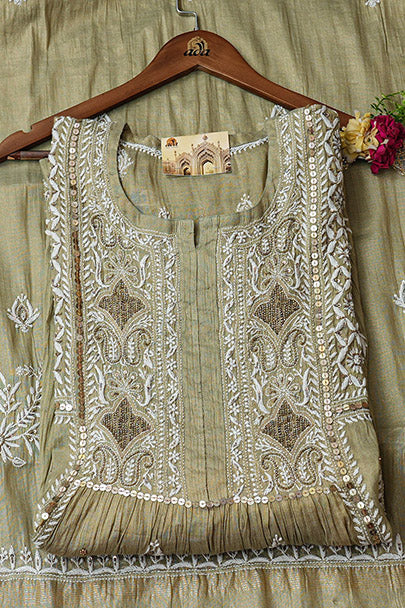 Ada Hand Embroidered Green Tissue Lucknowi Chikankari Semi Unstitched Kurta Dupatta Set With Zari Work 01A979734