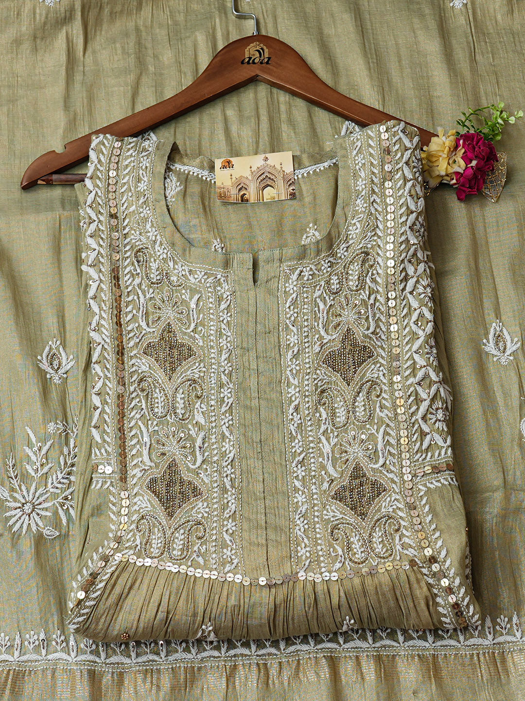 Ada Hand Embroidered Green Tissue Lucknowi Chikankari Semi Unstitched Kurta Dupatta Set With Zari Work 01A979734