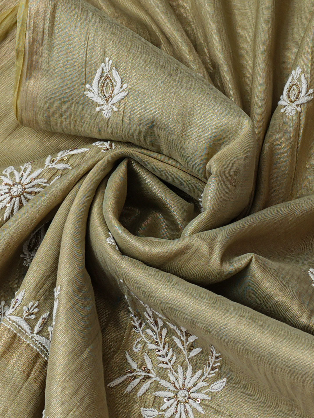 Ada Hand Embroidered Green Tissue Lucknowi Chikankari Semi Unstitched Kurta Dupatta Set With Zari Work 01A979734