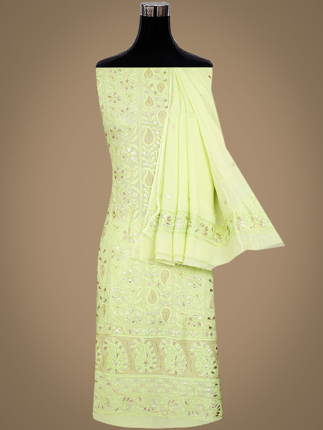 Ada Hand Embroidered Green Viscose Georgette Lucknowi Chikankari Unstitched Kurta Dupatta Set With Gota Patti Work 01A893418