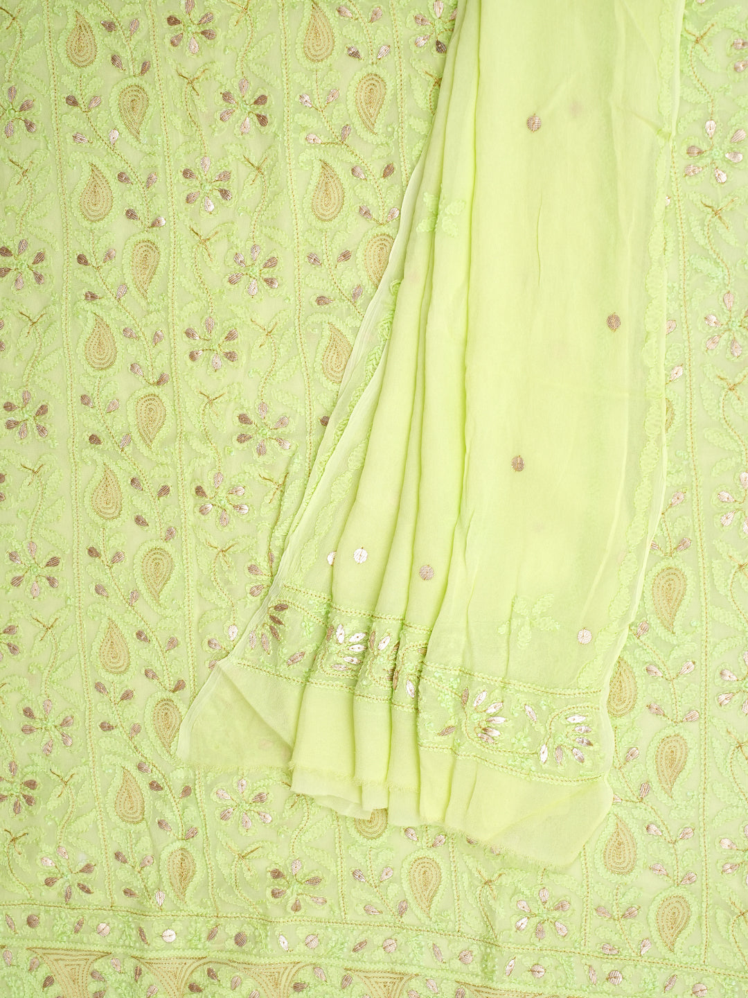 Ada Hand Embroidered Green Viscose Georgette Lucknowi Chikankari Unstitched Kurta Dupatta Set With Gota Patti Work 01A893418