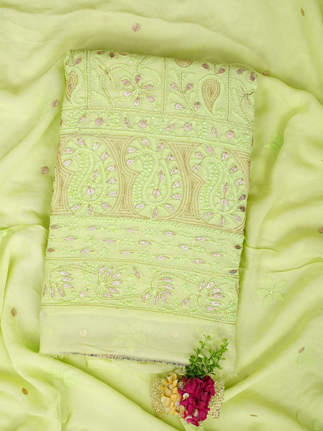 Ada Hand Embroidered Green Viscose Georgette Lucknowi Chikankari Unstitched Kurta Dupatta Set With Gota Patti Work 01A893418