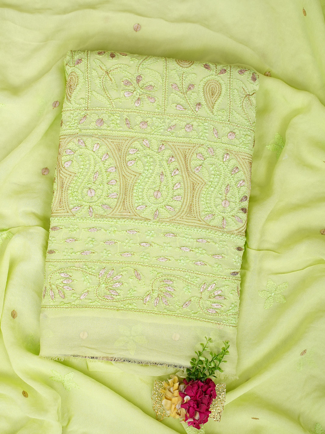 Ada Hand Embroidered Green Viscose Georgette Lucknowi Chikankari Unstitched Kurta Dupatta Set With Gota Patti Work 01A893418