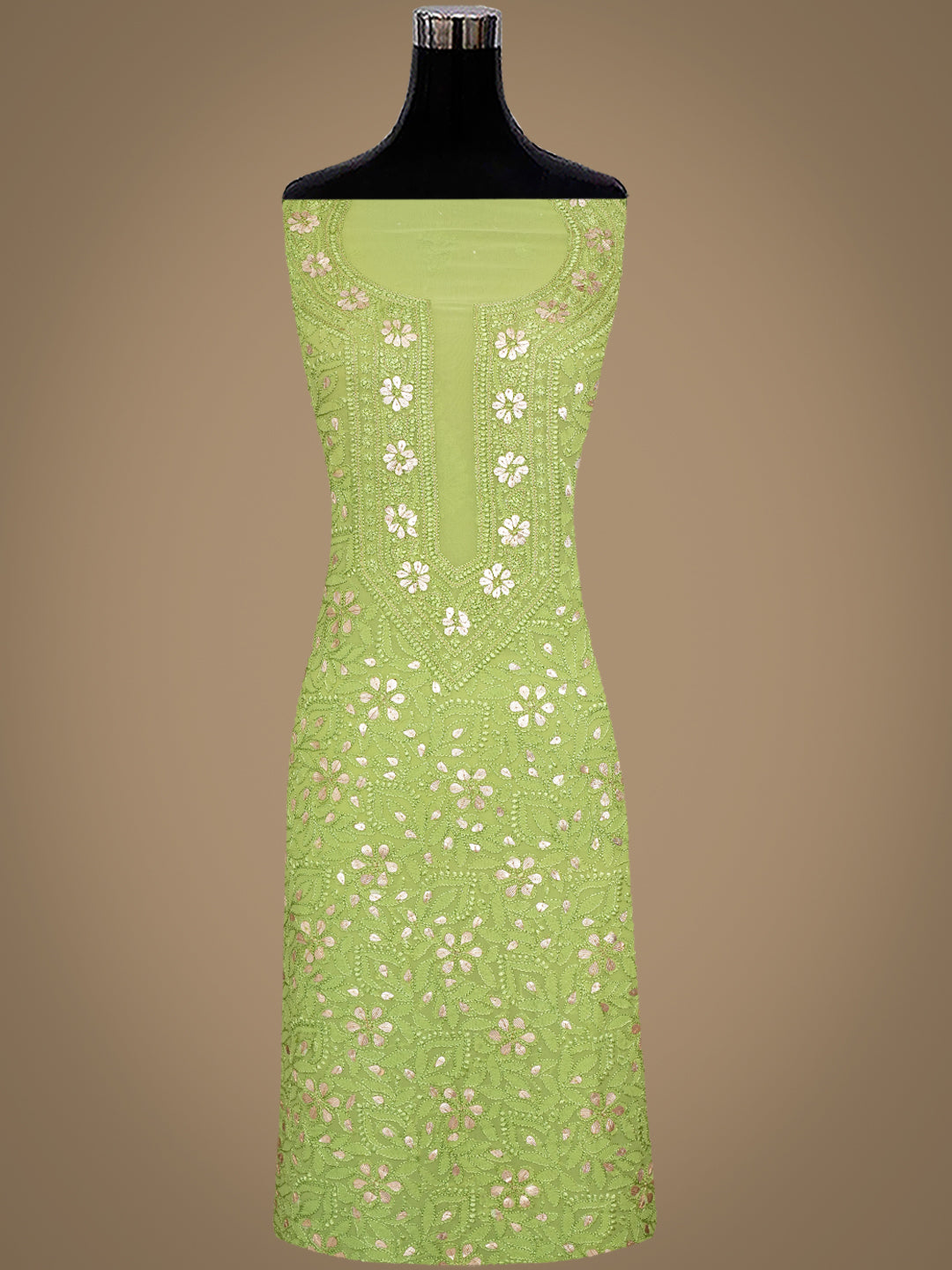 Ada Hand Embroidered Pista Green Viscose Georgette Lucknowi Chikankari Unstitched Kurta Dupatta Set With Gota Patti Work 01A984147