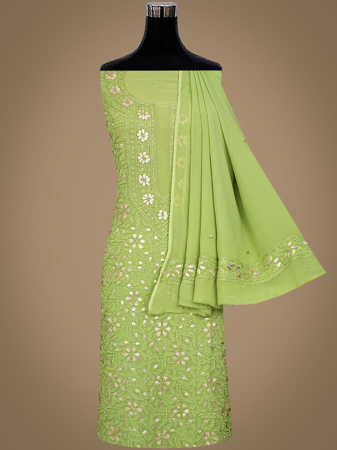 Ada Hand Embroidered Pista Green Viscose Georgette Lucknowi Chikankari Unstitched Kurta Dupatta Set With Gota Patti Work 01A984147