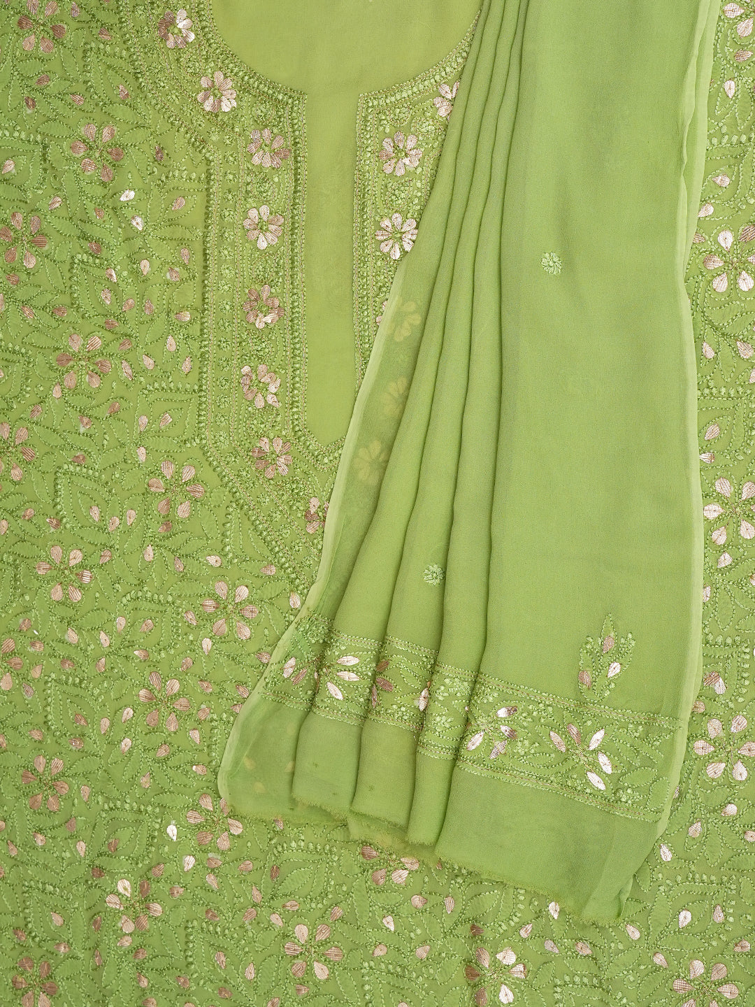 Ada Hand Embroidered Pista Green Viscose Georgette Lucknowi Chikankari Unstitched Kurta Dupatta Set With Gota Patti Work 01A984147