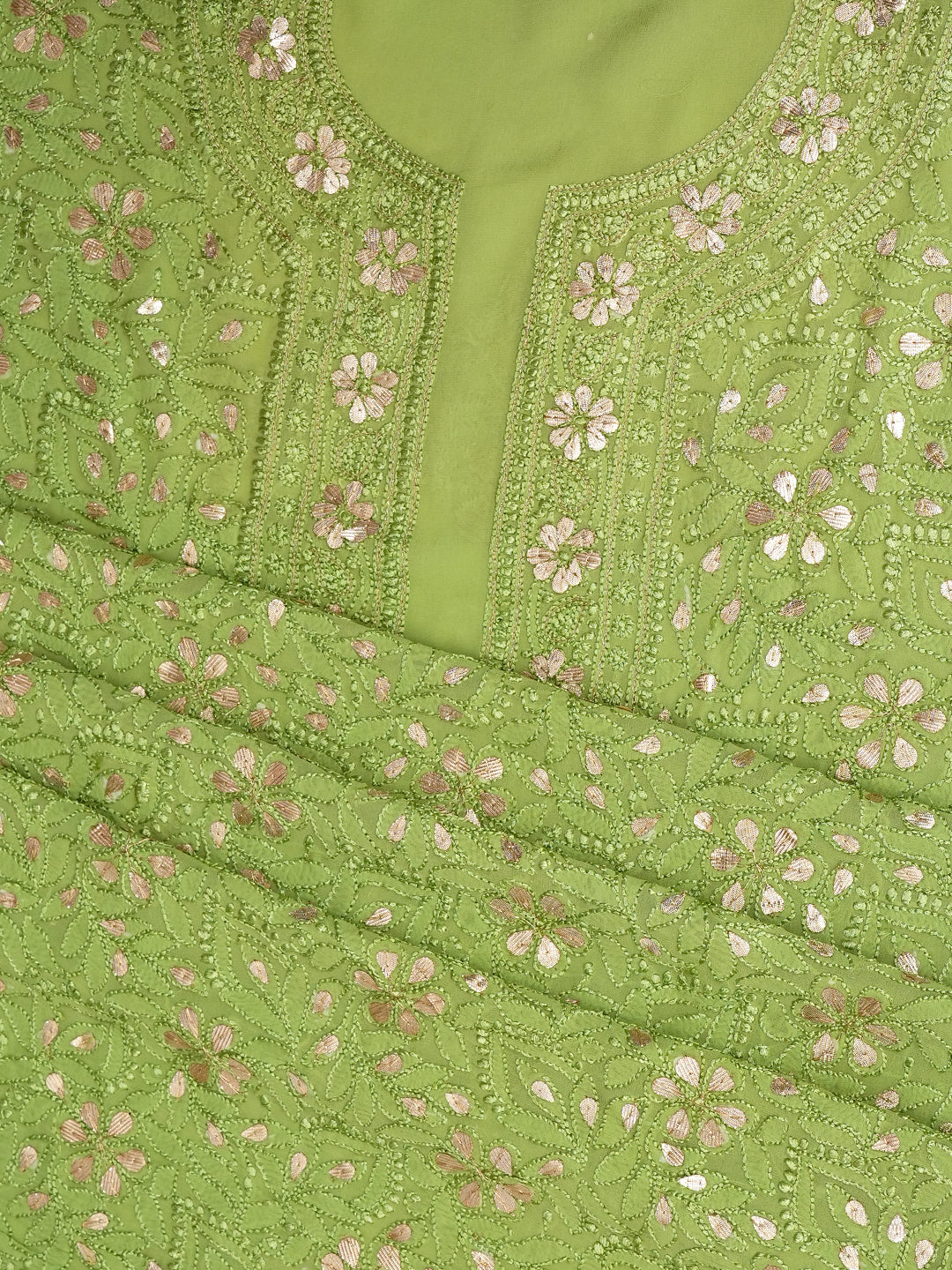 Ada Hand Embroidered Pista Green Viscose Georgette Lucknowi Chikankari Unstitched Kurta Dupatta Set With Gota Patti Work 01A984147