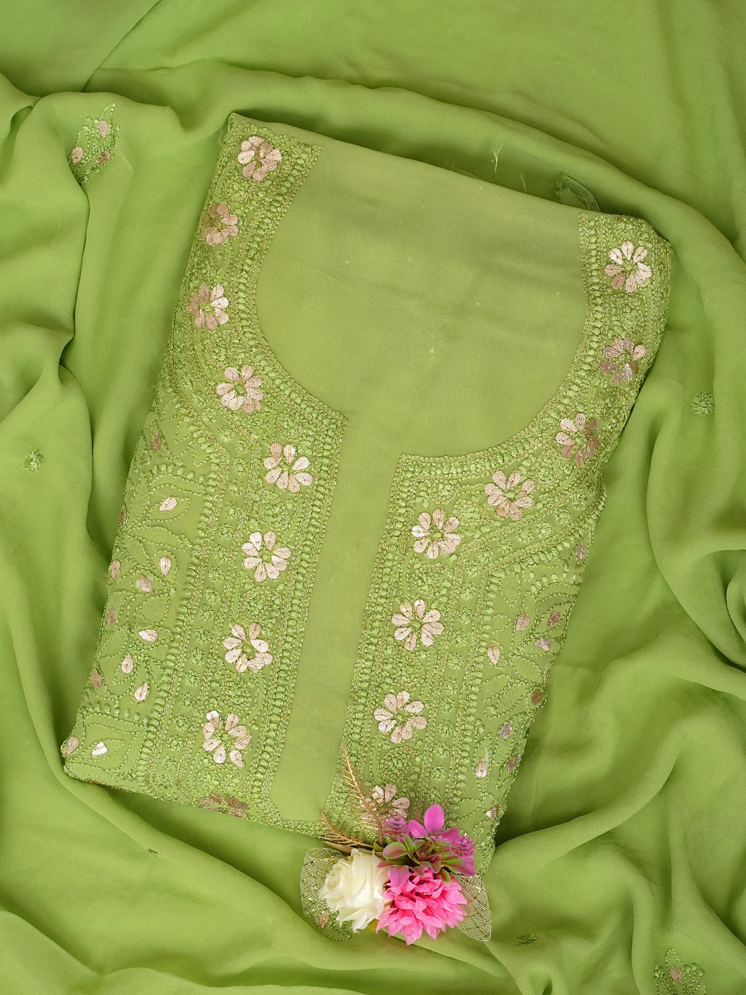 Ada Hand Embroidered Pista Green Viscose Georgette Lucknowi Chikankari Unstitched Kurta Dupatta Set With Gota Patti Work 01A984147