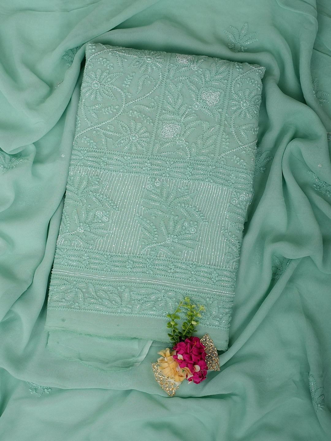 Ada Hand Embroidered Green Viscose Georgette Lucknowi Chikankari Unstitched Kurta Dupatta With Cutdana Work 01A957837