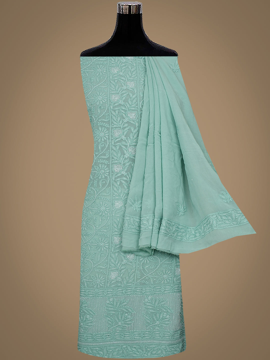 Ada Hand Embroidered Green Viscose Georgette Lucknowi Chikankari Unstitched Kurta Dupatta With Cutdana Work 01A957837
