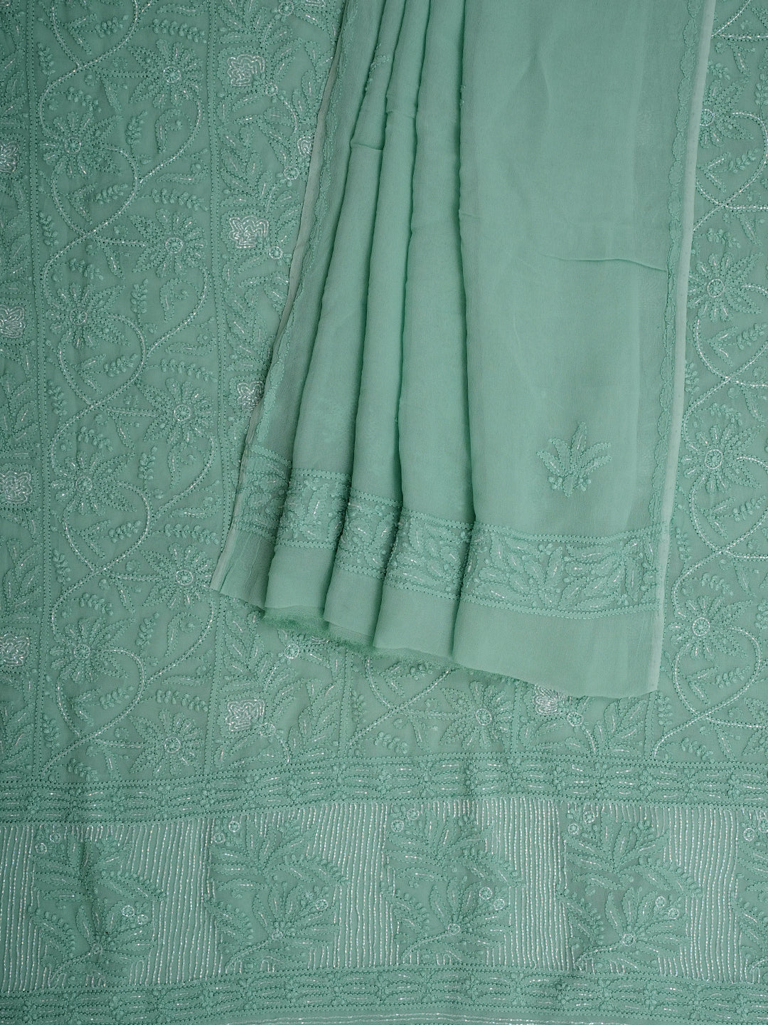 Ada Hand Embroidered Green Viscose Georgette Lucknowi Chikankari Unstitched Kurta Dupatta With Cutdana Work 01A957837