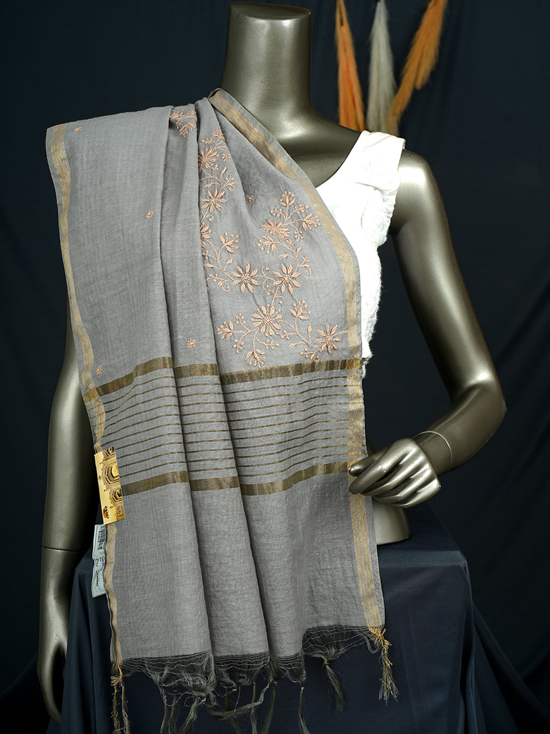 Ada Hand Embroidered Grey Chanderi Lucknowi Chikankari Dupatta 07A500947
