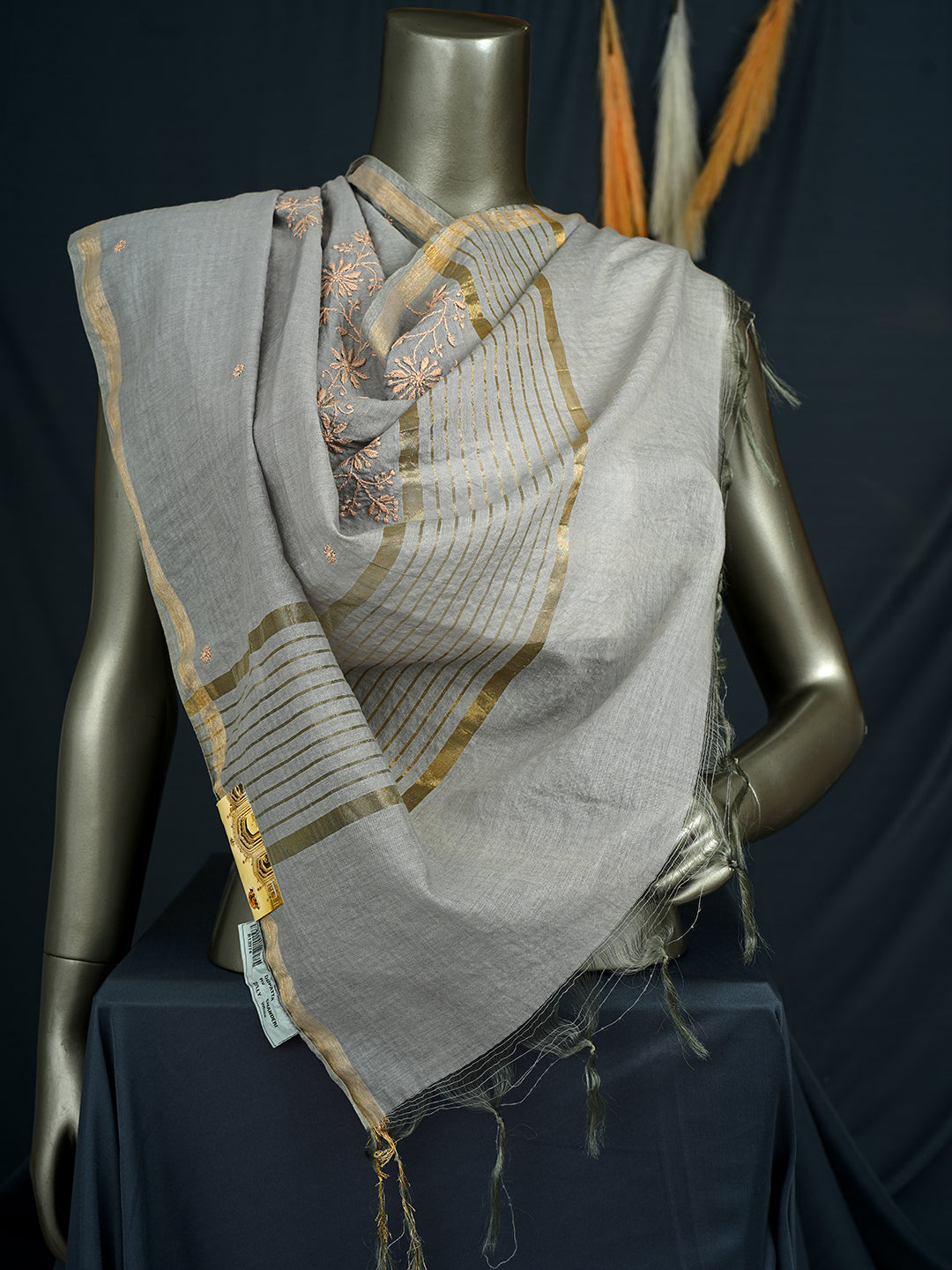 Ada Hand Embroidered Grey Chanderi Lucknowi Chikankari Dupatta 07A500947
