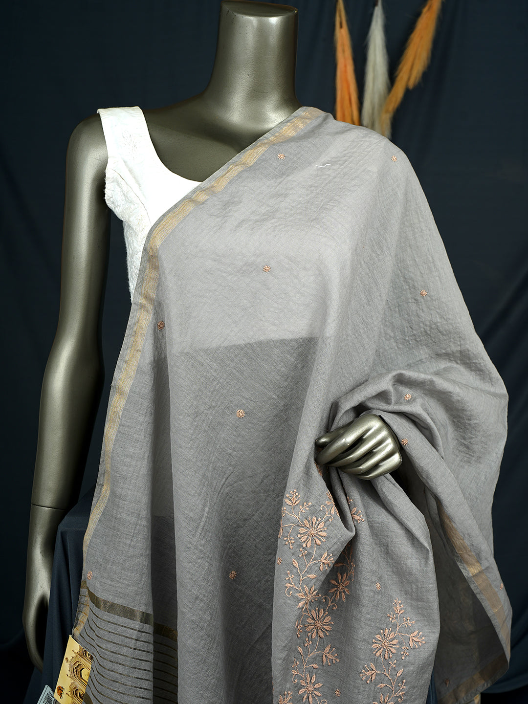 Ada Hand Embroidered Grey Chanderi Lucknowi Chikankari Dupatta 07A500947