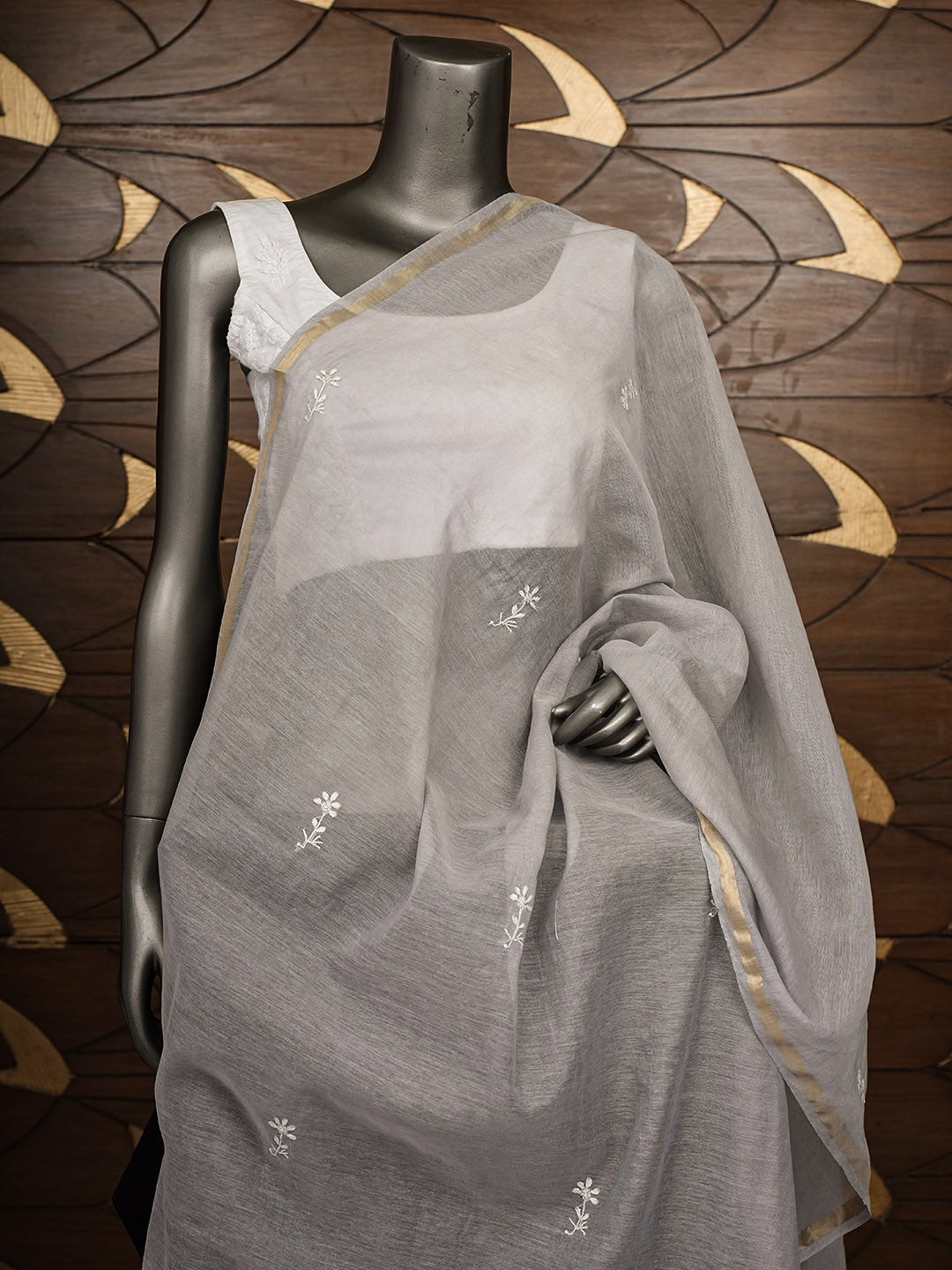 Ada Hand Embroidered Grey Chanderi Lucknowi Chikankari Dupatta 07A501198