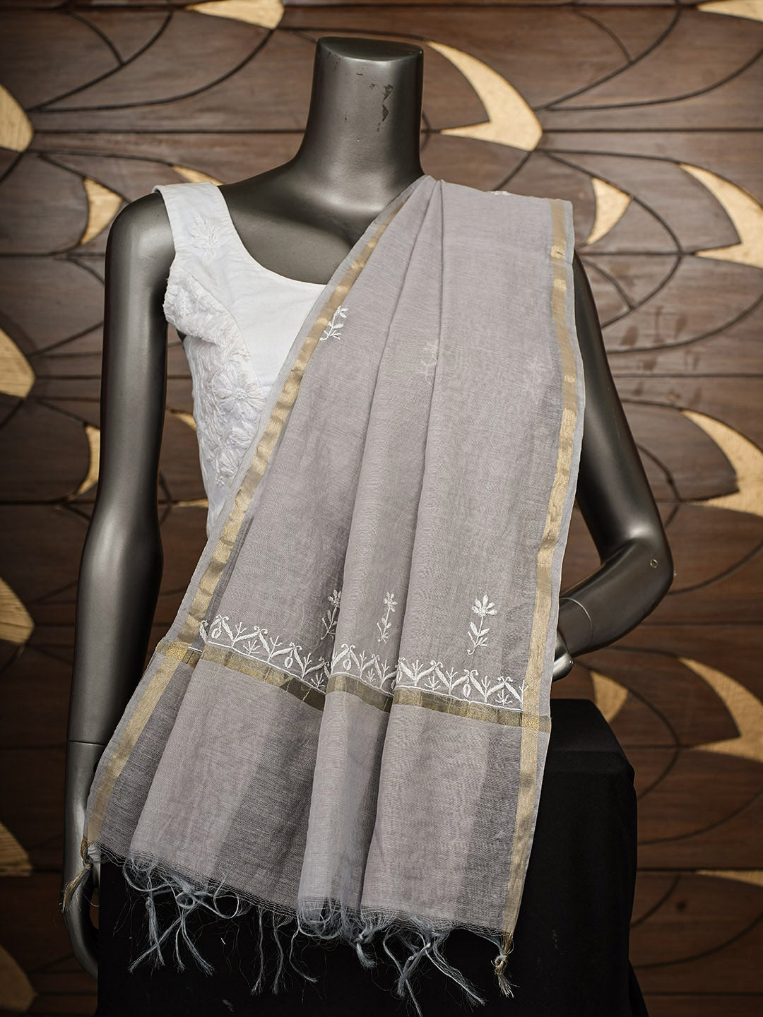Ada Hand Embroidered Grey Chanderi Lucknowi Chikankari Dupatta 07A501198